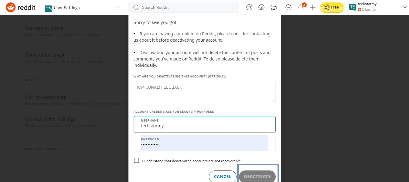 delete reddit account step 3