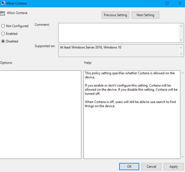 Pro and Enterprise Users: Disable Cortana via Group Policy