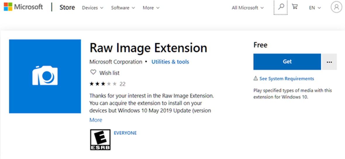 Open extension. Microsoft Raw image Extension. Raw image Extension.