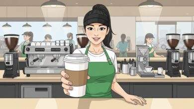 Starbucks barista serving coffee.