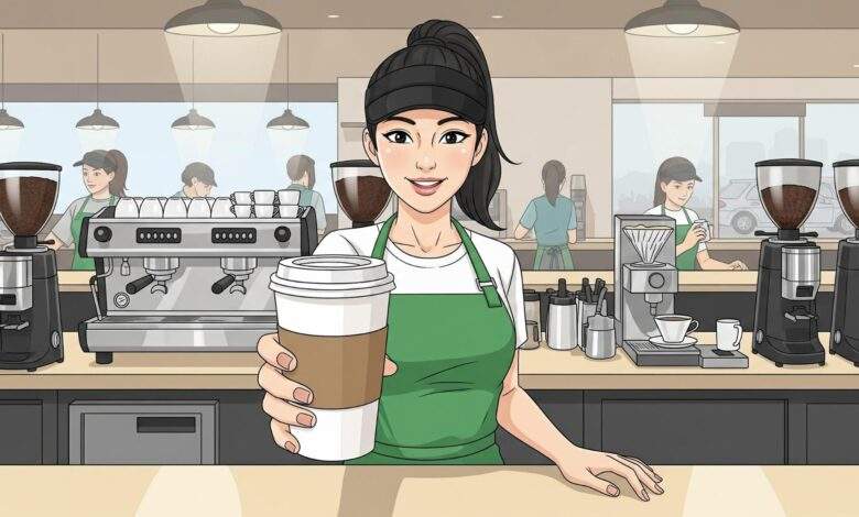 Starbucks barista serving coffee.