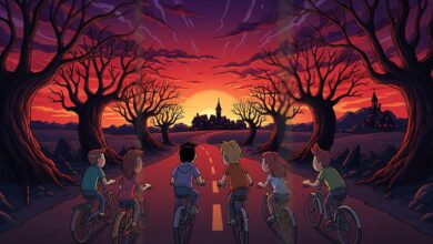 kids biking toward eerie sunset town