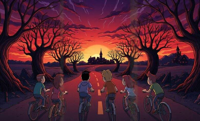 kids biking toward eerie sunset town