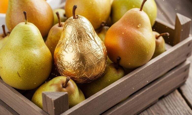premium pears in wooden crate