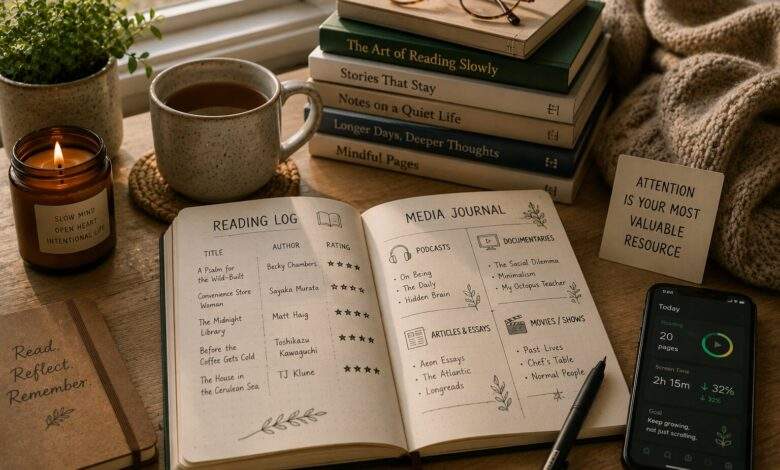 person writing in a reading journal to track books and long-form content intentionally in 2026