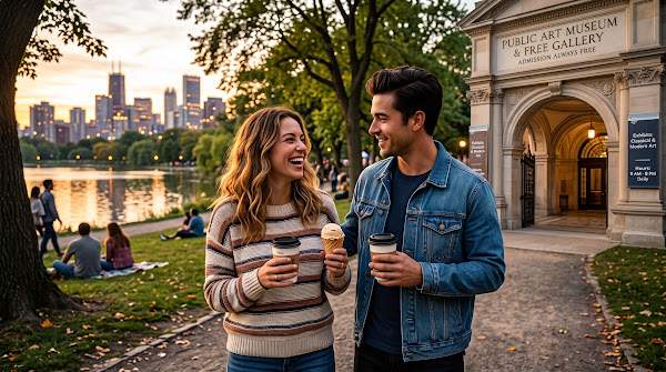 Couple walking in a park enjoying a casual, budget-friendly date